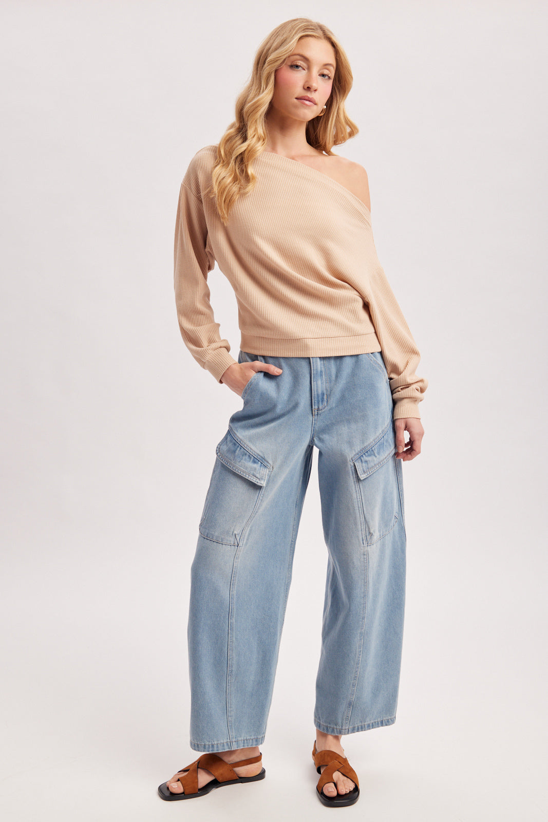 One Shoulder Waffle Knit Slouchy Top (Beige)