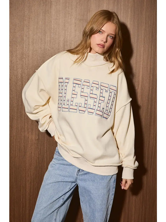 Blessed Graphic Mock Neck Oversized Sweatshirt 🤍