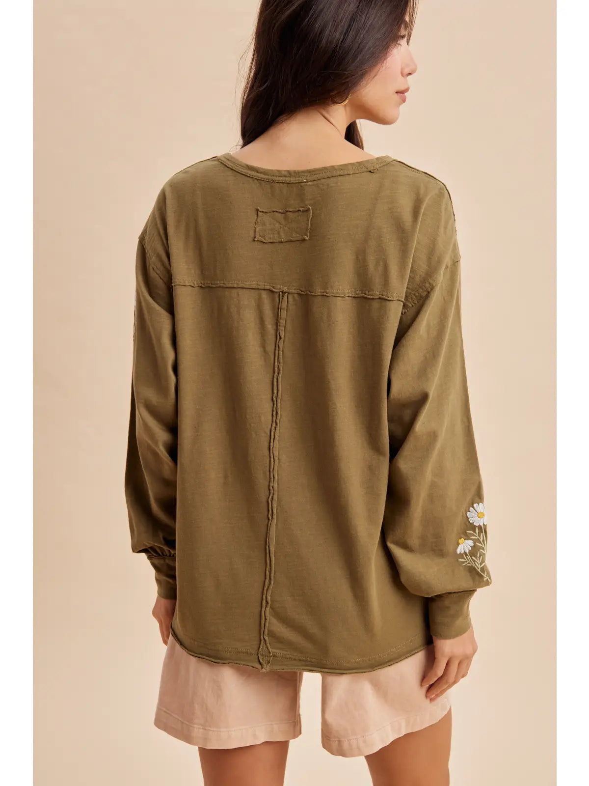 Embroidered Long Sleeve Pullover (Olive)