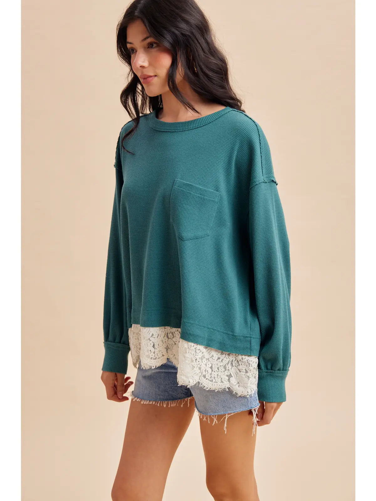 Lace Trim Thermal Knit Top (Dark Teal)