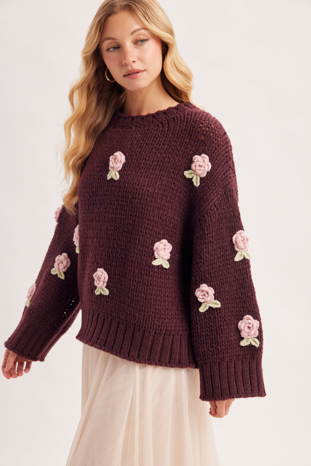 3D Crochet Rosette Chunky Knit Sweater 🩷