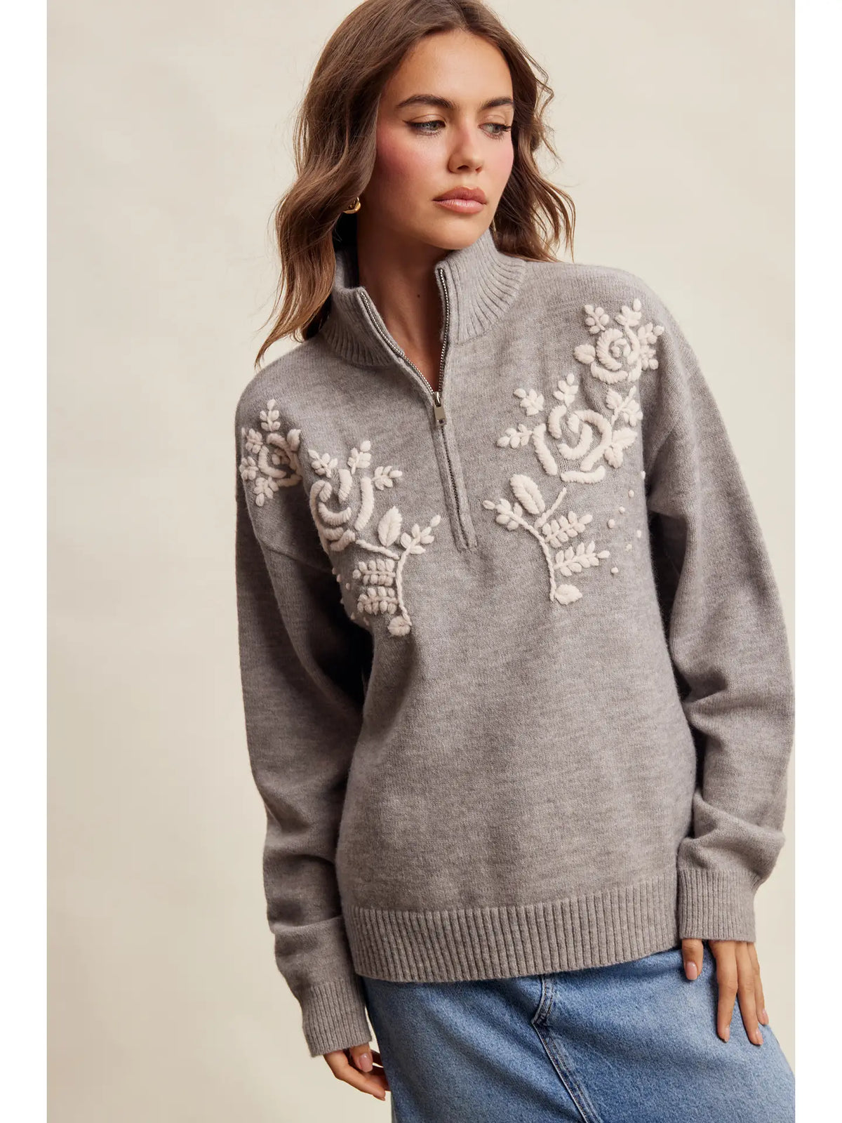 Floral Embroidered Quarter-Zip Sweater 🩶