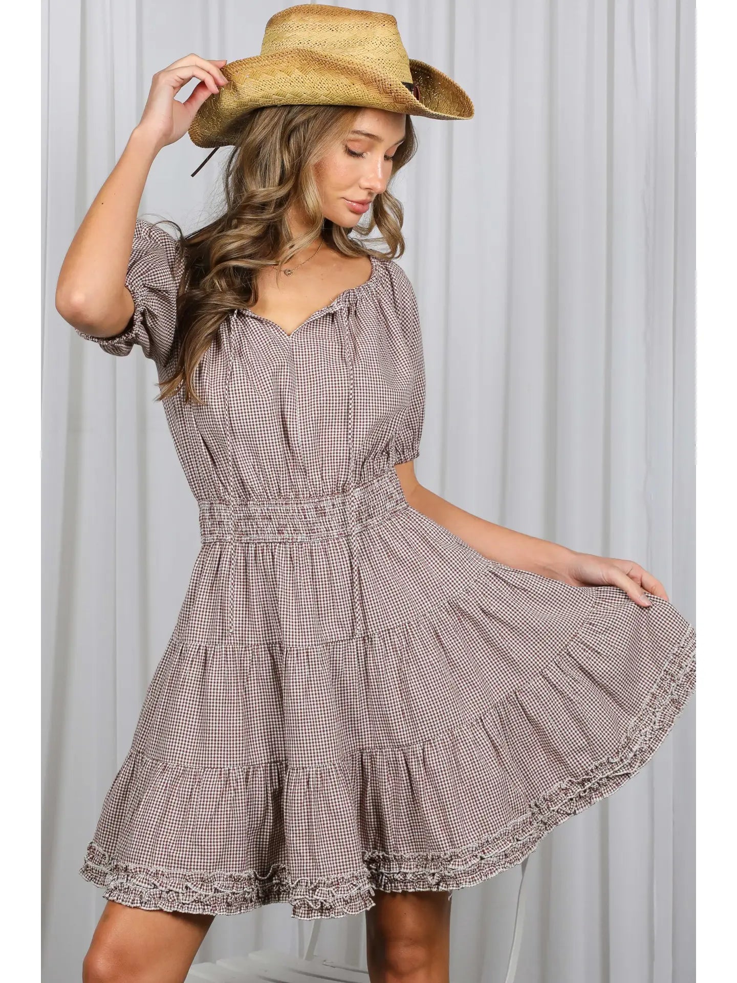 Tie Neck Gingham Tiered Ruffle Hem Casual Dress 🤎