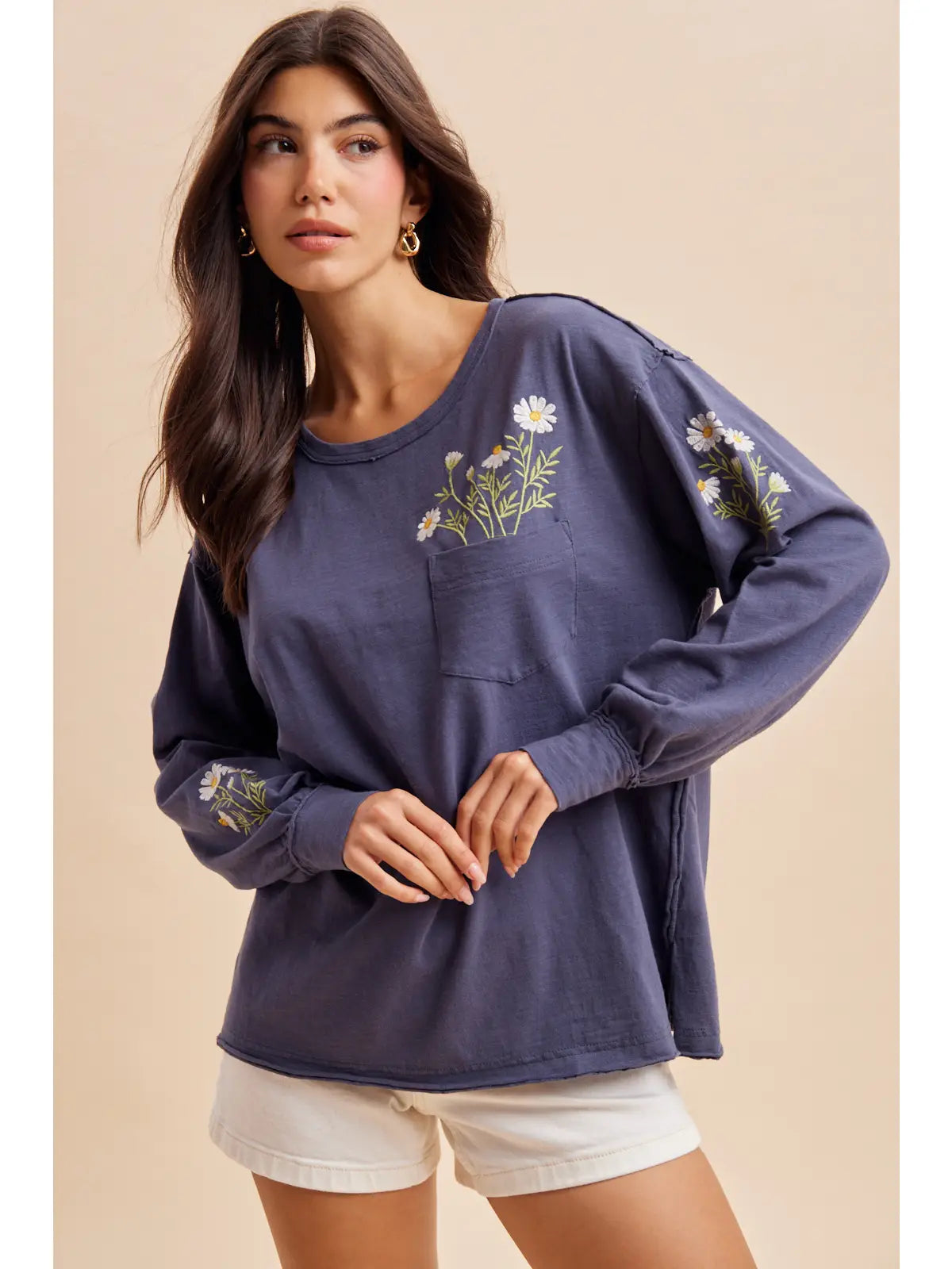 Embroidered Long Sleeve Pullover (Charcoal Denim)
