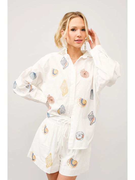 Linen Seashell Embroidered Shirt