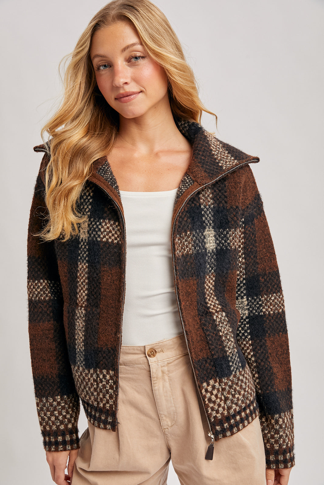 Plaid Zipper Fuzzy Knit Sweater Jacket
