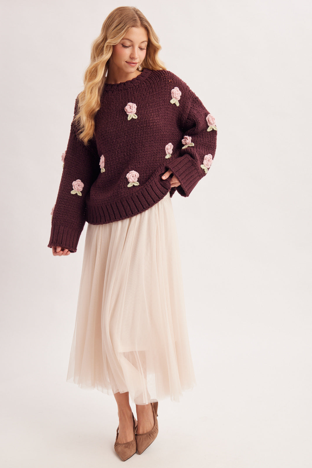 3D Crochet Rosette Chunky Knit Sweater 🩷
